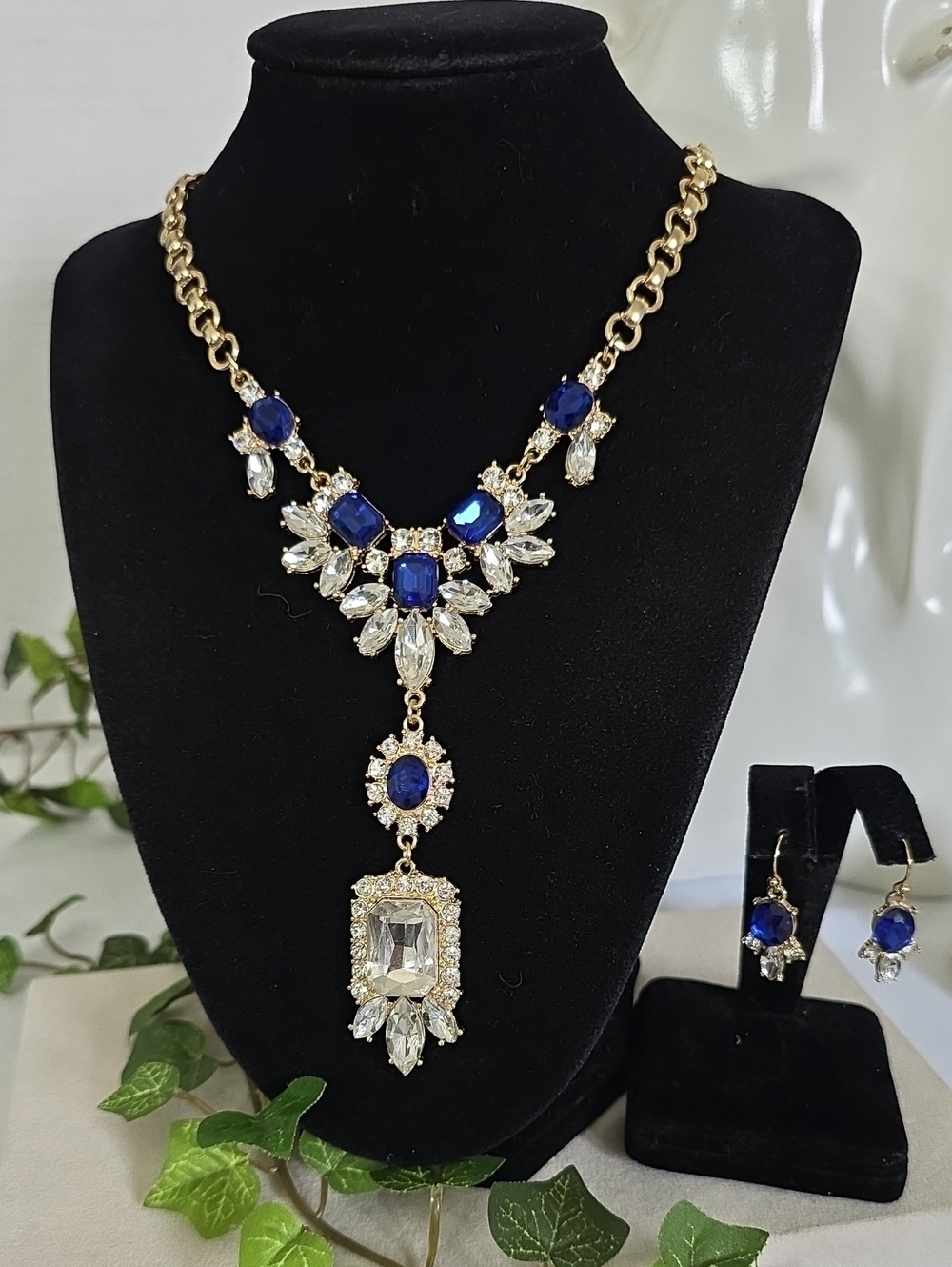 Cobalt Blue Clear Rhinestone Y-Drop Statement Necklace & Dangle Earrings Set